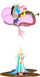 Size: 708x1353 | Tagged: safe, artist:senwyn1, discord, princess celestia, alicorn, draconequus, pony, cake, celestia is not amused, chocolate rain, cloud, cotton candy cloud, discord being discord, food, magic, prank, simple background, this will end in tears and/or a journey to the moon, transparent background, unamused, wet mane