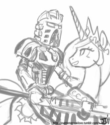 Size: 882x1000 | Tagged: safe, artist:johnjoseco, princess celestia, alicorn, pony, bionicle, crossover, grayscale, lego, monochrome, takanuva, yes so much yes