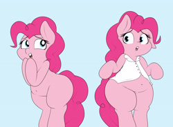 Size: 3690x2718 | Tagged: safe, artist:blitzyflair, pinkie pie, earth pony, pony, belly, belly button, bipedal, chubbie pie, chubby, clothes, cute, duality, fat, floppy ears, open mouth, pudgy pie, simple background, wide hips