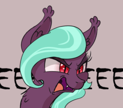 Size: 560x490 | Tagged: safe, artist:tehflah, oc, oc only, oc:wicked ways, bat pony, pony, angry, animated, ear fluff, eeee, eyeshadow, fangs, female, fluffy, frown, gif, glare, gray background, makeup, mare, open mouth, simple background, solo