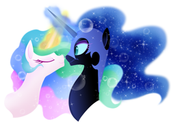 Size: 823x624 | Tagged: safe, artist:mn27, nightmare moon, princess celestia, alicorn, pony, boop, eyes closed, horns are touching, noseboop