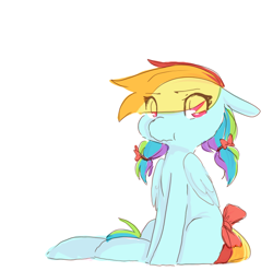 Size: 730x724 | Tagged: safe, artist:braindead, rainbow dash, pegasus, pony, alternate hairstyle, bow, cute, dashabetes, eye clipping through hair, female, folded wings, hair bow, missing cutie mark, pigtails, scrunchy face, simple background, sitting, solo, tail bow, white background