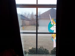 Size: 1000x750 | Tagged: safe, princess celestia, alicorn, pony, creepy smile, fire hydrant, house, irl, photo, ponies in real life, princess molestia, shrunken pupils, solo, vector, window