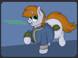 Size: 3720x2750 | Tagged: safe, artist:aaathebap, oc, oc only, oc:littlepip, pony, unicorn, fallout equestria, belly, big belly, clothes, ear fluff, fanfic, fanfic art, fat, fatty, female, hooves, horn, large butt, mare, open mouth, pipbuck, simple background, solo, stable-tec, text, the ass was fat, unicorn oc, vault suit