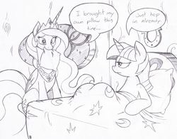 Size: 1419x1113 | Tagged: safe, artist:joey darkmeat, princess celestia, twilight sparkle, alicorn, pony, annoyed, bed, cute, cutelestia, female, lesbian, mare, monochrome, mouth hold, on back, pillow, shipping, sitting, speech bubble, traditional art, twilestia