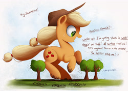 Size: 4000x2860 | Tagged: safe, artist:ncmares, applejack, rainbow dash, earth pony, pegasus, pony, big-apple-pony, cute, dialogue, dirt, dirty, freckles, giantess, macro, nose wrinkle, open mouth, silly, silly pony, solo focus, tree