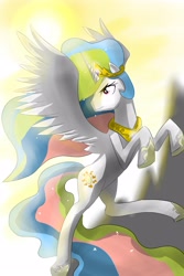 Size: 2000x3000 | Tagged: safe, artist:stupidyou3, princess celestia, alicorn, pony, female, high res, horn, mare, multicolored mane, solo, white coat