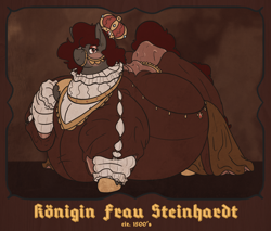 Size: 2354x2004 | Tagged: safe, artist:queenfrau, oc, oc only, oc:queen frau, earth pony, pony, belly, bingo wings, blackletter, bridle, chubby, chubby cheeks, clothes, crown, dress, fat, female, impossibly large belly, jewelry, mare, old, older, painting, regalia, solo, tack