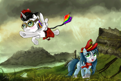 Size: 3000x2000 | Tagged: safe, artist:shogundun, oc, oc only, oc:lightning bliss, oc:mad munchkin, alicorn, earth pony, pony, alicorn oc, clothes, crepuscular rays, female, flying, goggles, grass field, hat, ocean, open mouth, scarf, scenery