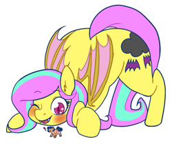 Size: 1213x1013 | Tagged: safe, artist:/d/non, oc, oc only, oc:heartspring, oc:star shower, bat pony, earth pony, pony, giant bat, giant bat pony, giant pony, macro, micro, one eye closed, wingding eyes, wink