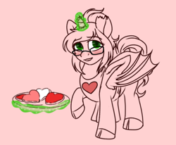 Size: 884x727 | Tagged: safe, artist:blackblood-queen, oc, oc only, oc:lady lovegreen, dracony, hybrid, pony, apron, blushing, broken horn, clothes, cloven hooves, cookie, cute, female, food, glowing horn, heart, looking at you, magic, mare, mother, plate, raised hoof, simple background, sketch, smiling, solo