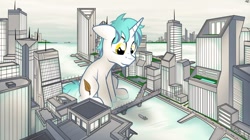 Size: 1280x715 | Tagged: safe, artist:fandroit, oc, oc only, oc:snap feather, pony, city, cityscape, giant pony, looming, macro