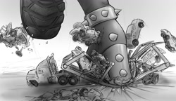 Size: 1291x745 | Tagged: safe, artist:alloyrabbit, adagio dazzle, equestria girls, car, crush fetish, crushing, destruction, giantess, high heels, macro, monochrome, solo, spikes, stomp, stomping, vehicle