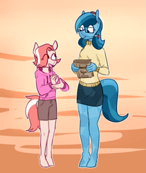 Size: 801x951 | Tagged: safe, artist:redxbacon, oc, oc only, oc:coral, oc:historia, anthro, crystal pony, unguligrade anthro, book, clothes, cute, glasses, hoodie, miniskirt, shorts, sign language, skirt, sweater