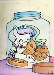 Size: 1983x2776 | Tagged: safe, artist:cutepencilcase, princess celestia, alicorn, pony, cookie, cookie jar, cookie jar pony, crumbs, cute, cutelestia, eyes closed, food, micro, pony in a bottle, solo, tail bow, traditional art