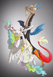 Size: 2310x3355 | Tagged: safe, artist:frankilew, discord, princess celestia, alicorn, pony, bipedal, clothes, dancing, dislestia, dress, earring, eyes closed, female, floppy ears, high res, male, open mouth, phantom of the opera, shipping, smiling, spread wings, straight, tango, wide eyes, wink