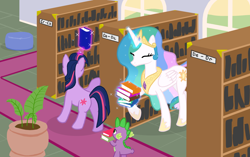 Size: 2200x1380 | Tagged: safe, artist:lightbulb, princess celestia, spike, twilight sparkle, alicorn, dragon, pony, book, carrying, cute, eyes closed, happy, library, magic, raised hoof, slice of life, smiling, telekinesis