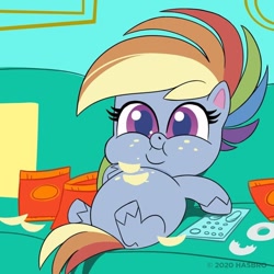 Size: 1080x1080 | Tagged: safe, part of a set, screencap, rainbow dash, pegasus, pony, my little pony: pony life, belly, big belly, chips, chubby cheeks, couch potato, crumbs, cute, dashabetes, donut, double chin, fat, female, fetish fuel, food, lazy, mare, messy eating, missing cutie mark, official, on back, overweight, potato chips, rainblob dash, remote, sitting, slob, snacks, sofa, solo, tubby wubby pony waifu