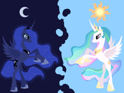 Size: 4444x3333 | Tagged: safe, artist:shadowwind182, princess celestia, princess luna, alicorn, pony, day, female, mare, moon, night, profile, sun