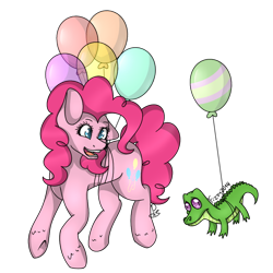 Size: 894x894 | Tagged: safe, artist:fizzy2014, artist:soundwavepie, gummy, pinkie pie, earth pony, pony, balloon, floating, simple background, then watch her balloons lift her up to the sky, transparent background