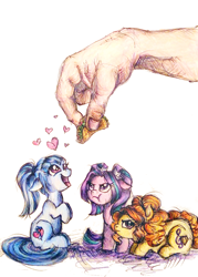 Size: 912x1276 | Tagged: safe, artist:buttersprinkle, adagio dazzle, aria blaze, sonata dusk, behaving like a dog, colored pencil drawing, cute, food, grumpy, hand, heart, micro, pen drawing, ponified, size difference, sonataco, taco, that pony sure does love tacos, the dazzlings, tiny, tiny ponies, traditional art