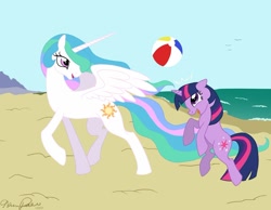 Size: 1000x777 | Tagged: safe, artist:glittering-pony, princess celestia, twilight sparkle, alicorn, pony, unicorn, ball, beach