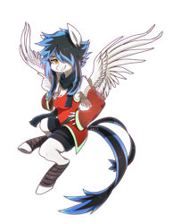 Size: 800x1032 | Tagged: safe, artist:renciel, oc, oc only, oc:sky digit, anthro, blue hair, breasts, clothes, female, pants, solo, tail, wings