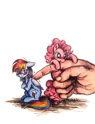 Size: 856x1108 | Tagged: safe, artist:buttersprinkle, pinkie pie, rainbow dash, human, biting, blushing, colored pencil drawing, cute, dashabetes, diapinkes, grumpy, hand, in goliath's palm, micro, size difference, tiny, tiny ponies, traditional art, tsundere
