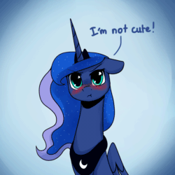 Size: 1200x1200 | Tagged: safe, artist:anticular, princess luna, alicorn, pony, :t, animated, ask sunshine and moonbeams, blatant lies, blushing, cute, eye shimmer, female, gif, i'm not cute, lunabetes, madorable, mare, scrunchy face, solo, telling lies, tsundere, tsunderuna