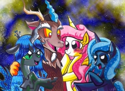 Size: 721x527 | Tagged: safe, artist:aurora-chiaro, discord, princess celestia, princess luna, queen chrysalis, alicorn, changeling, changeling queen, pony, female