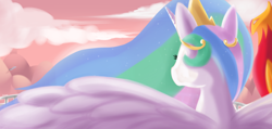 Size: 3250x1550 | Tagged: safe, artist:teknibaal, philomena, princess celestia, alicorn, phoenix, pony, balcony, duo, female, looking away, mare, spread wings, three quarter view, wings