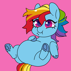 Size: 2000x2000 | Tagged: artist needed, source needed, safe, rainbow dash, pegasus, pony, my little pony: pony life, belly, big belly, crumbs, fat, female, hoof on belly, mare, on back, rainblob dash, smiling, solo, spread legs, spreading, underhoof, unshorn fetlocks