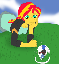 Size: 1700x1836 | Tagged: safe, artist:final7darkness, flash sentry, sunset shimmer, equestria girls, clothes, cloud, grass, leather jacket, micro, pants, shoes, size difference, sky