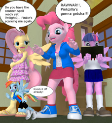 Size: 1000x1103 | Tagged: safe, artist:nobody25445, fluttershy, pinkie pie, twilight sparkle, twilight sparkle (alicorn), anthro, plantigrade anthro, 3d, macro, micro, misspelling, shrunk, speech bubble