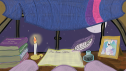 Size: 1278x724 | Tagged: safe, artist:dejiko07, princess celestia, twilight sparkle, alicorn, pony, book, candle, feather, ink, letter, mane, moon, night, perspective, pov, writing