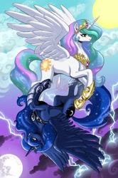 Size: 600x901 | Tagged: safe, artist:kaijusamurai, princess celestia, princess luna, alicorn, pony, contrast, duo, duo female, female, lightning, moon, sisters, sun