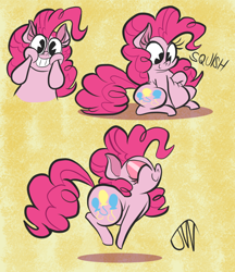 Size: 1022x1185 | Tagged: safe, artist:joeywaggoner, pinkie pie, earth pony, pony, abstract background, adorafatty, chubbie pie, chubby, chubby cheeks, cute, diapinkes, eyes closed, fat, female, grin, hoof on chest, looking at you, mare, pacman eyes, profile, pronking, pudgy pie, signature, sitting, smiling, solo, squishy