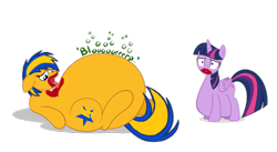 Size: 1280x702 | Tagged: safe, artist:eagle1division, artist:mlpfan3991, artist:zeldafan777, twilight sparkle, twilight sparkle (alicorn), oc, oc:flare spark, alicorn, pegasus, pony, belly, big belly, eating contest, fat, food, huge belly, impossibly large belly, ketchup, licking, sauce, simple background, stuffed, stuffed belly, tongue out, transparent background, twilard sparkle