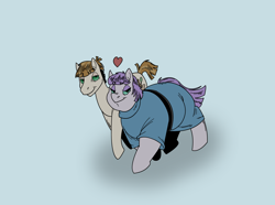 Size: 1652x1232 | Tagged: safe, artist:monterrang, maud pie, mudbriar, earth pony, pony, blue background, duo, fat, female, floating heart, heart, male, maud pudge, maudbriar, shipping, simple background, smiling, straight, walking