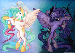 Size: 1024x724 | Tagged: safe, artist:reaperfox, princess celestia, princess luna, alicorn, pony, duo, duo female, female, rearing, sisters