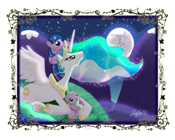 Size: 600x480 | Tagged: safe, artist:cryssy-miu, princess celestia, spike, twilight sparkle, alicorn, dragon, pony, baby, baby dragon, filly, foal, momlestia, moon, newborn