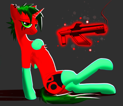 Size: 1840x1586 | Tagged: safe, artist:fenixdust, oc, oc only, pony, unicorn, belly button, chest fluff, clothes, digital art, female, gun, looking at you, mare, pose, sexy, smiling, socks, solo, tattoo, weapon