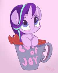 Size: 1970x2480 | Tagged: safe, artist:mistydash, starlight glimmer, pony, unicorn, bow, chest fluff, cup, cup of pony, cute, ear fluff, female, fluffy, glimmerbetes, hnnng, looking up, mare, micro, signature, smiling, solo