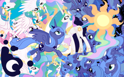 Size: 2560x1600 | Tagged: safe, artist:lightningbolt, nightmare moon, princess celestia, princess luna, alicorn, pony, calendar of lunas, celestellation, cutie mark, multeity, s1 luna, so much pony, vector, wallpaper