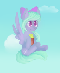 Size: 2800x3360 | Tagged: safe, artist:php54, flitter, pegasus, pony, bow, cloud, food, heart eyes, popcorn, solo, wingding eyes