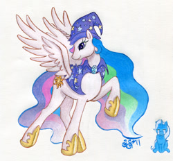 Size: 913x849 | Tagged: safe, artist:alipes, princess celestia, trixie, alicorn, pony, accessory swap, cape, clothes, crying, damage, hat, sad, the great and powerful, traditional art, wizard hat