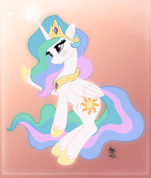 Size: 1100x1300 | Tagged: safe, artist:joakaha, princess celestia, alicorn, pony, blushing, crown, ethereal mane, ethereal tail, female, hoof shoes, horn, mare, peytral, raised hoof, signature, solo, wings