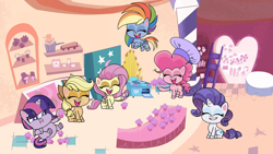 Size: 1920x1080 | Tagged: safe, screencap, applejack, fluttershy, pinkie pie, rainbow dash, rarity, twilight sparkle, twilight sparkle (alicorn), alicorn, earth pony, pegasus, pony, unicorn, my little pony: pony life, spoiler:my little pony: pony life, chef's hat, chubby cheeks, cupcake, fat, female, flying, food, hat, laughing, mane six, mare, sitting, twilard sparkle, weight gain, youtube link