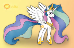 Size: 2400x1546 | Tagged: safe, artist:joakaha, princess celestia, alicorn, pony, blushing, crown, ethereal mane, ethereal tail, female, hoof shoes, horn, mare, peytral, signature, solo, spread wings, wings