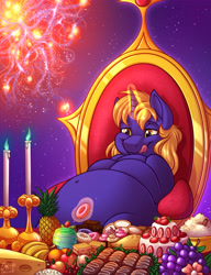 Size: 4000x5216 | Tagged: safe, artist:sugaryviolet, oc, oc:star bright, pony, unicorn, belly, belly button, bhm, big belly, candle, cosmic wizard, eating, fat, feast, food, giant pony, gluttony, godpone, licking, licking lips, macro, male, overweight, pony bigger than a galaxy, pony bigger than a planet, pony bigger than a solar system, pony bigger than a star, pony bigger than a universe, sitting, space, stallion, stars, throne, tongue out, universe, wizard